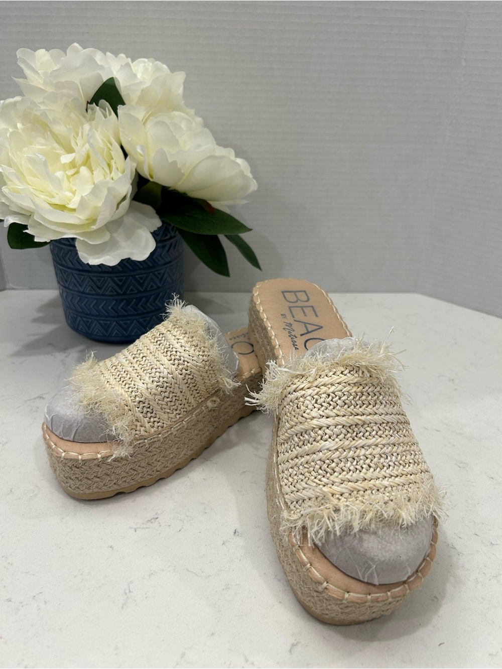Beach-Style Woven Platform Mules in Natural